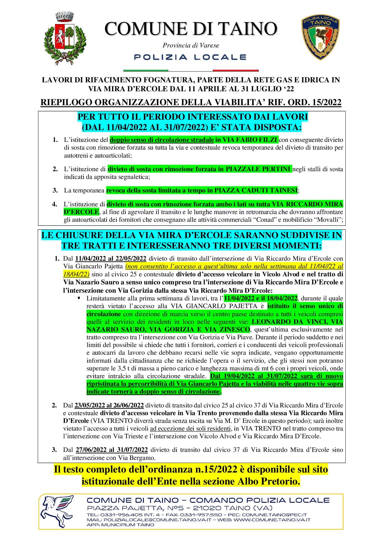 Modifica viabilità via Riccardo Mira d'Ercole per lavori di rifaciment