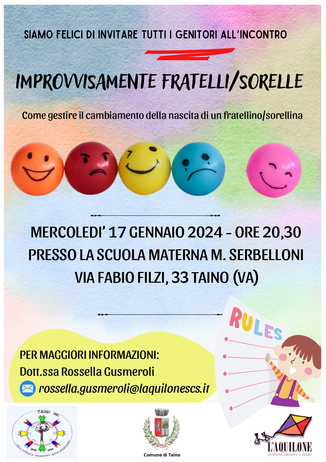 Serata dal tema: Improvvisamente fratelli/sorelle. Come gestire il cambiamento di una nuova nascita. 17 gennaio 2024