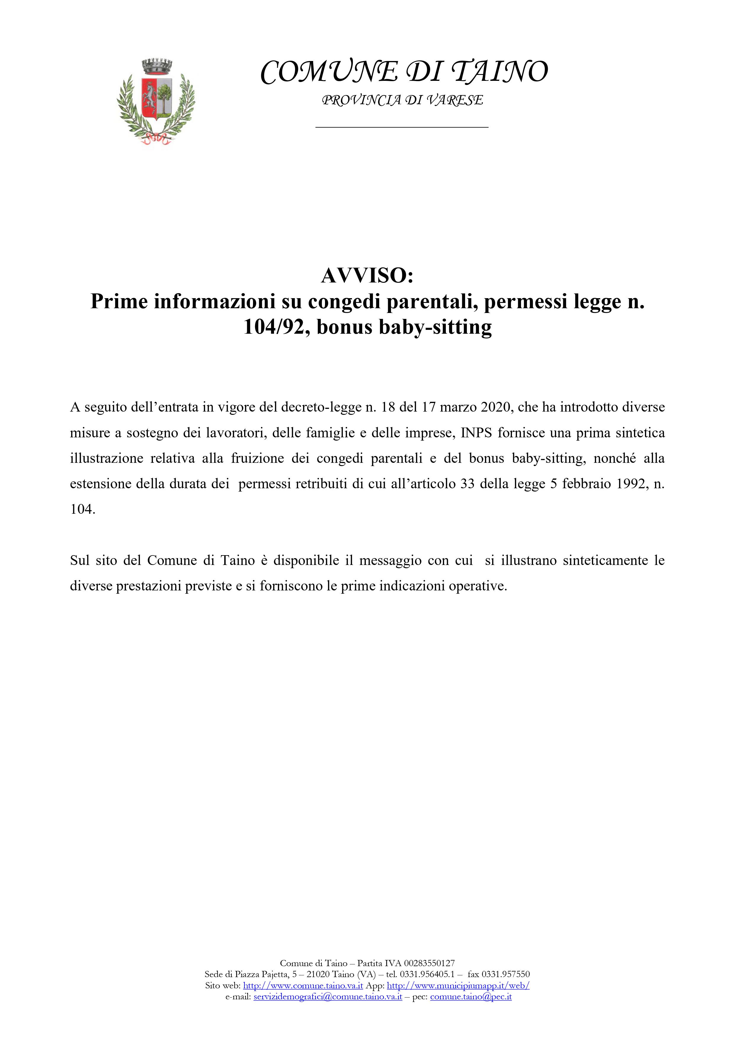 Prime informazioni su congedi parentali, permessi legge n. 104/92, bonus baby-sitting