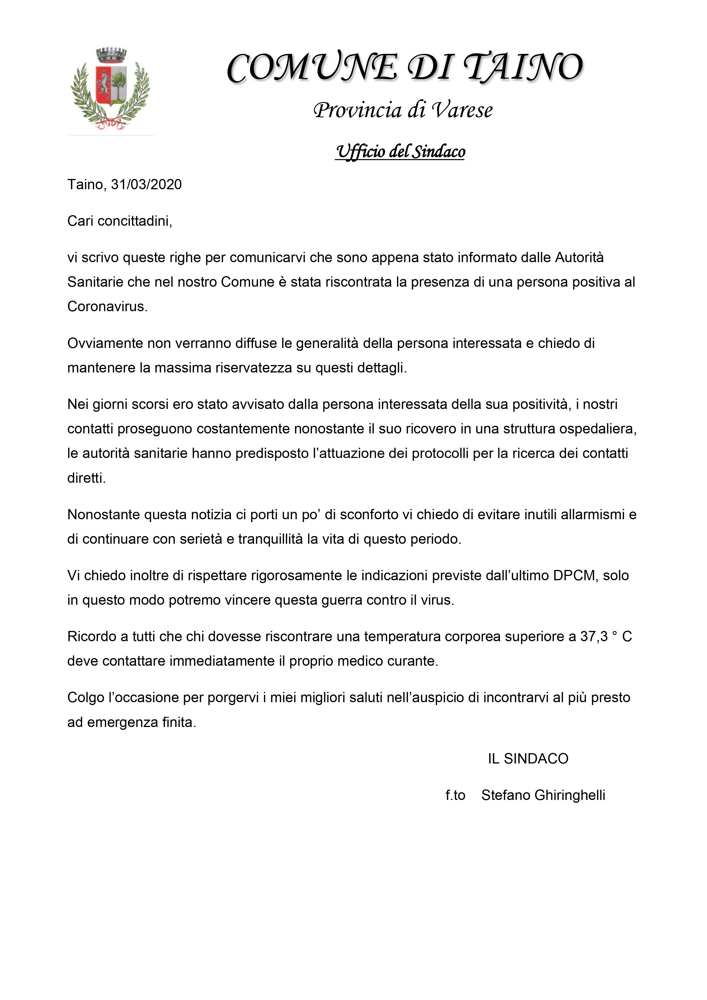 Comunicazione importante del sindaco