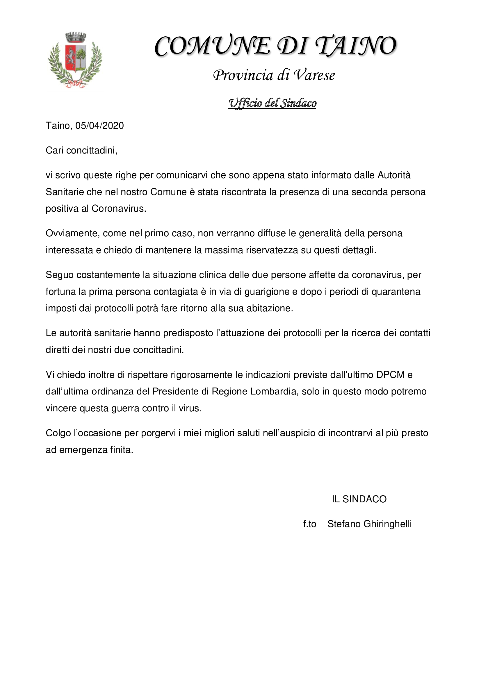 Comunicazione importante del sindaco