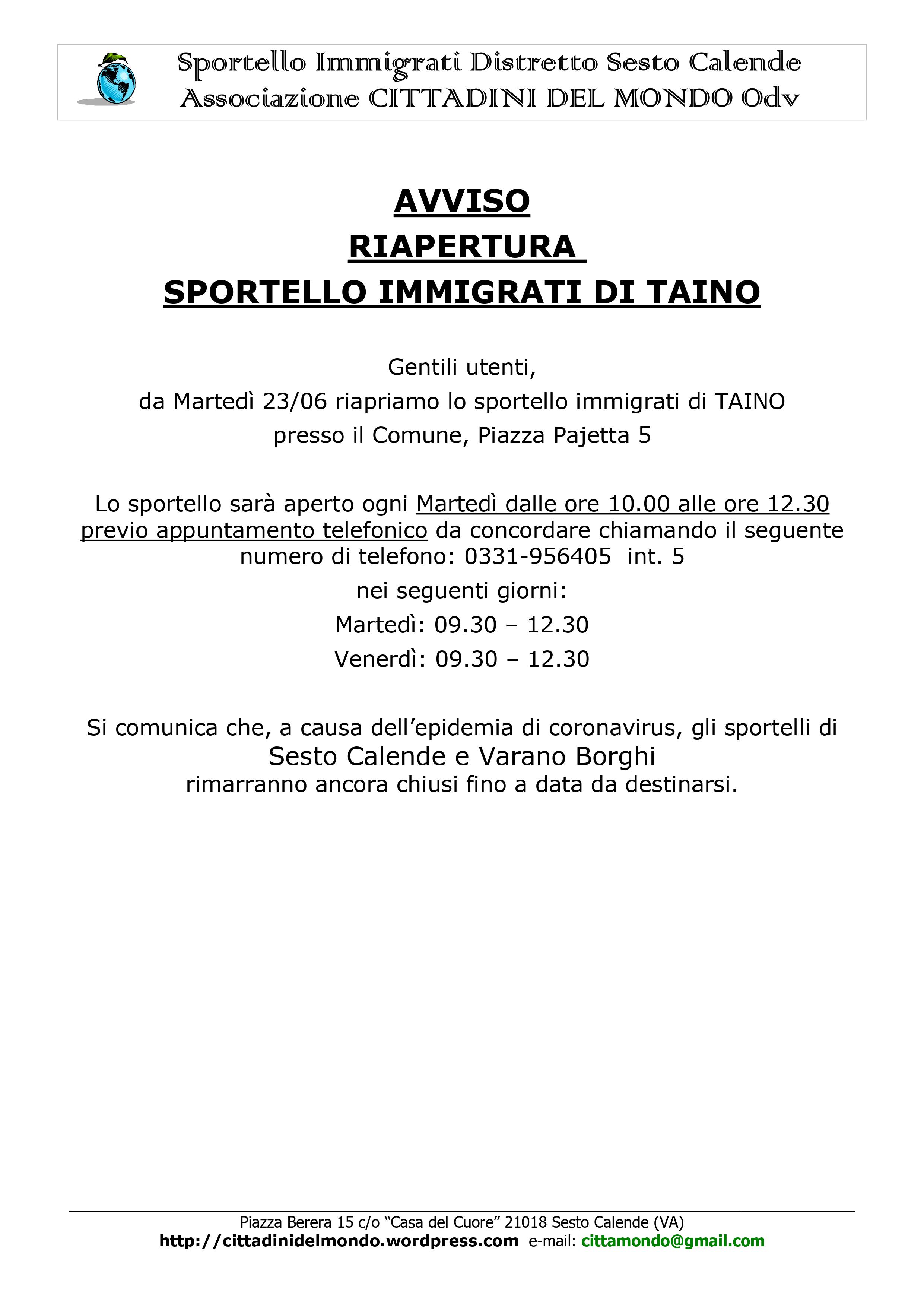  Avviso - Riapertura sportello Immigrati