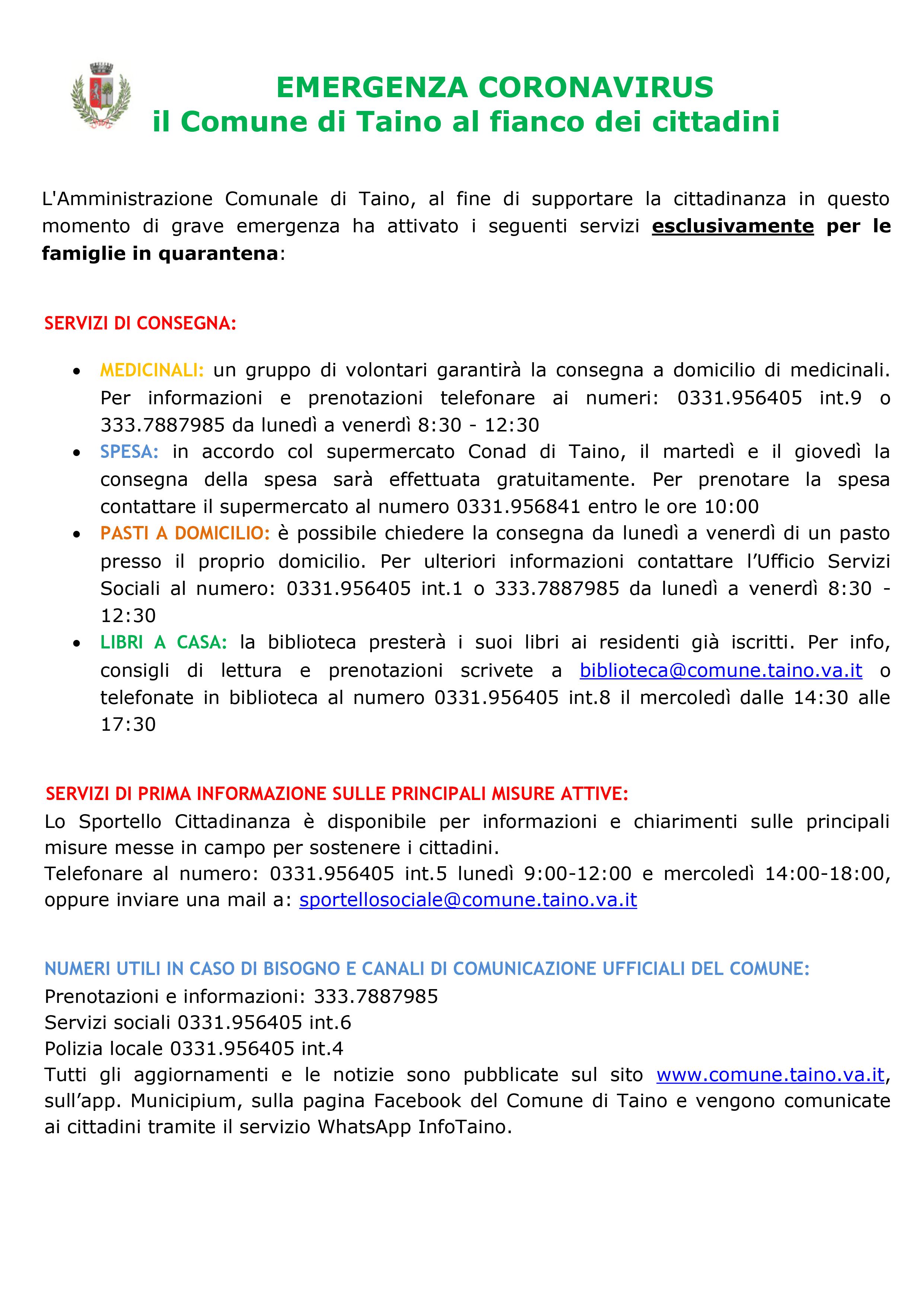 Emergenza Coronavirus - I servizi del Comune di Taino per le famiglie in quarantena.