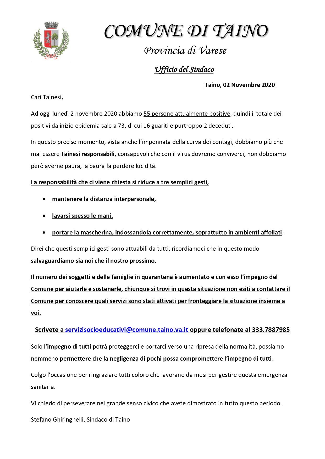 Lettera del sindaco 02.11.2020