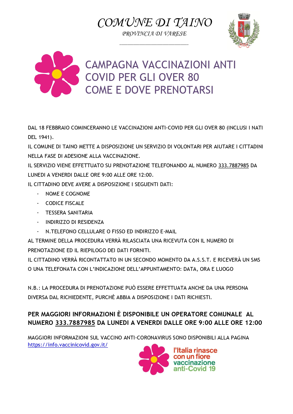 Servizio di aiuto ai cittadini per l'adesione alla Campagna di Vaccinazione Anti-Covid