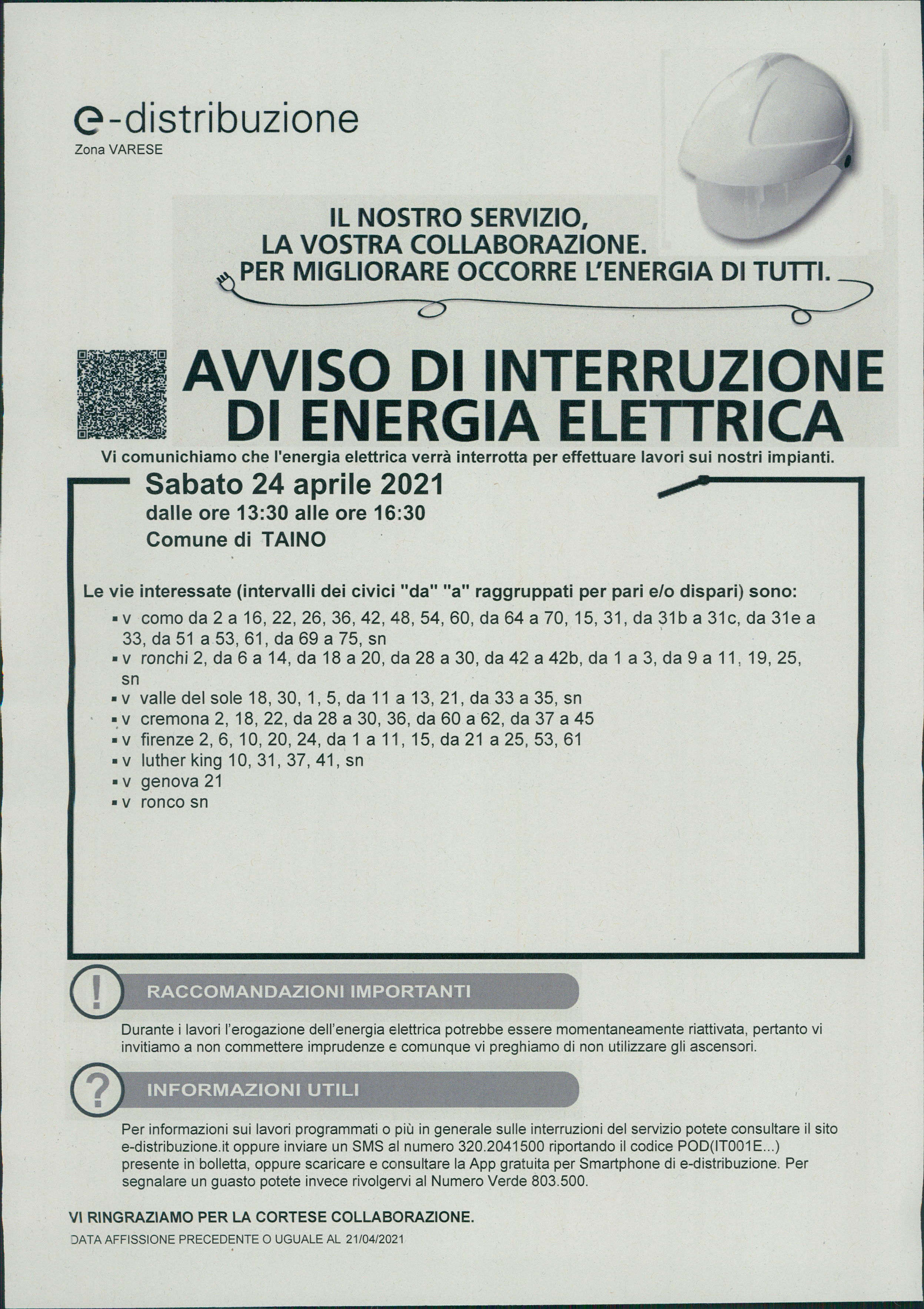  Avviso - Interruzione di Energia elettrica