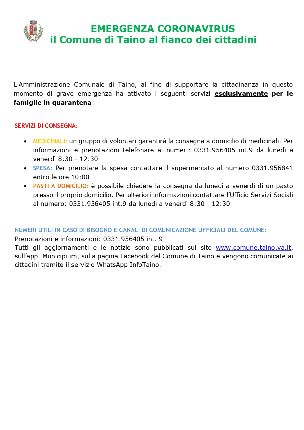 Emergenza Coronavirus - I servizi del Comune di Taino per le famiglie in quarantena.