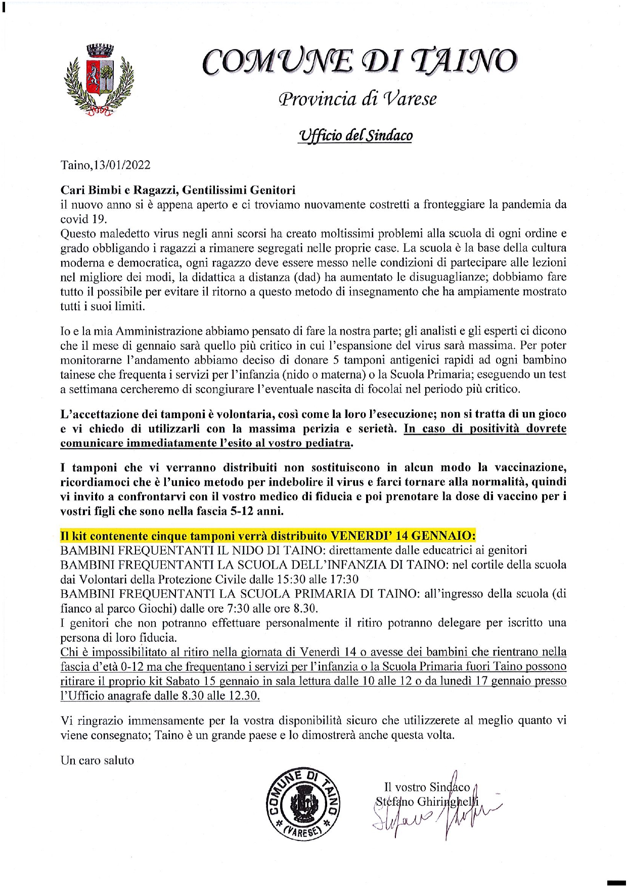 Distribuzione tamponi antigenici per i bambini tainesi che frequentano scuole o servizi per l'infanzia.